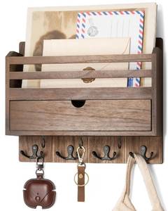lot 35412 image: Vision Farmhouse Wood Mail Organizer Wall Mount - Key and Mail Holder for Wall with Storage Drawer and 7 Key Hooks - Rustic Home Decor for Entryway, Office and Garage (Retro Brown) - Retail $32