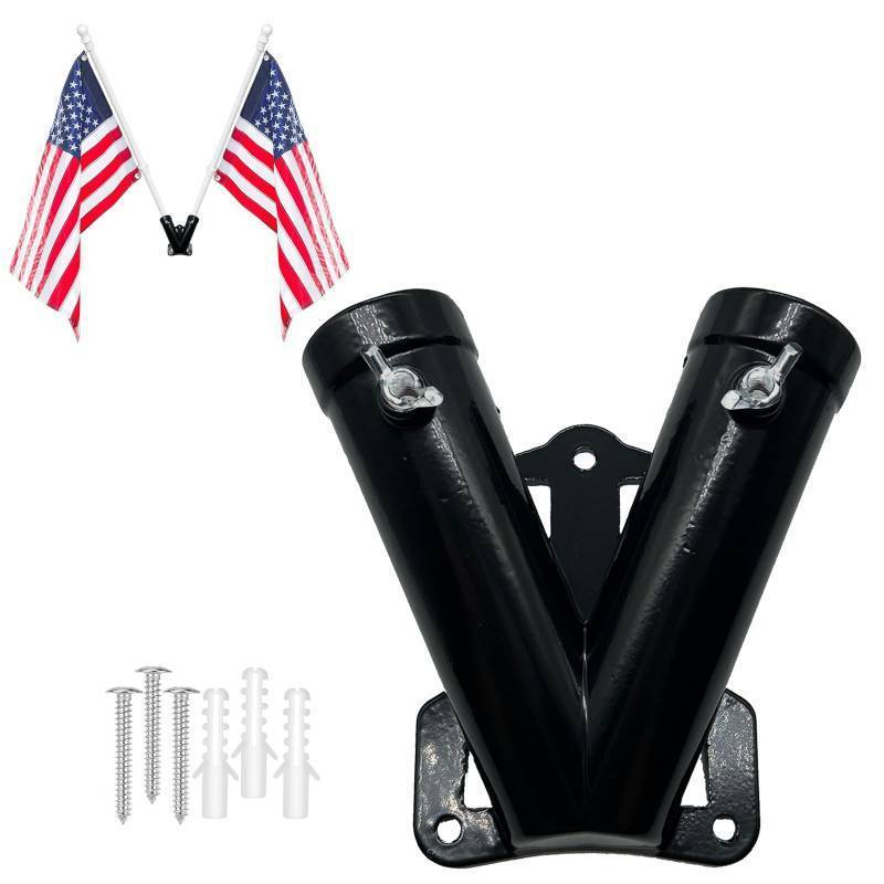 lot 51901 image: NASOFIR Flag Holder, Flag Bracket, Flag Pole Holder Bracket Double Hole Design Outside House Heavy Duty Metal Flag Mount, Aluminum Alloy Mounting Brackets(1 inch) - Retail $12