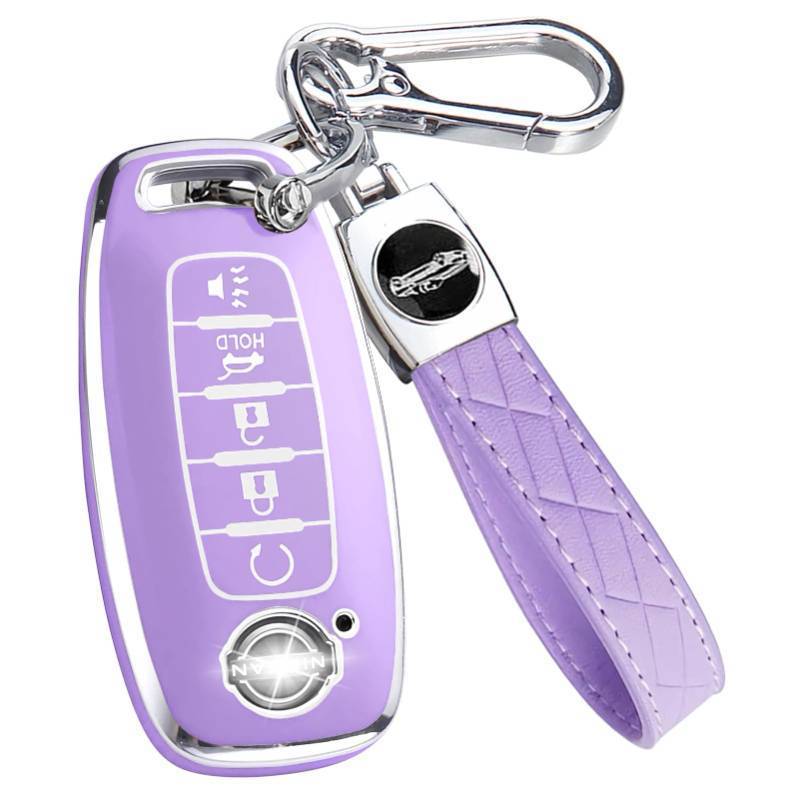 lot 51908 image: Key Fob Cover for Nissan with Keychain Accessories, Premium Soft TPU Full Protection Key Case for 2023 2024 Rogue Pathfinder Versa 2025 Sentra Patrol Armada Smart Key Shells (5 Buttons,Purple) - Retail $10