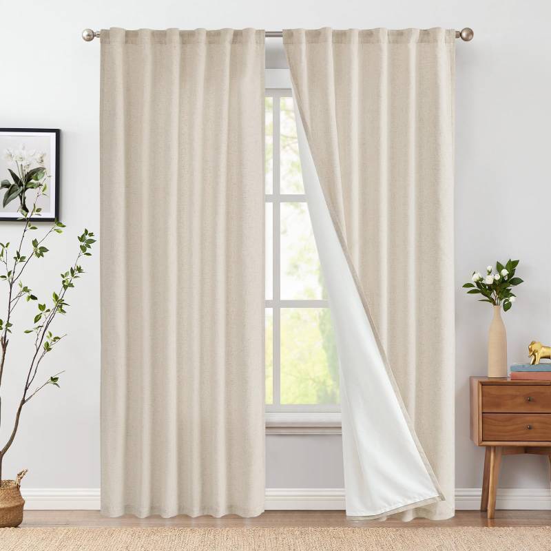 lot 59058 image: jinchan Beige Linen Curtains with White Privacy Lining Natural Lined Curtains 84 inch Light Filtering Drapes for Living Room Bedroom Neutral Farmhouse Cottage Core Home Office Decor Back Tab 2 Panels - Retail $40