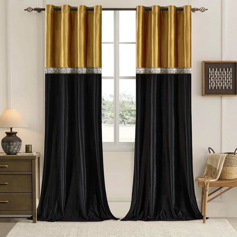 lot 59068 image: Gold Black Velvet Curtains for Living Room 84 Inches 2 Panels Set Window Treatment Vintage Curtain Embroidered Floral Drapes Retro Blackout Curtains - Retail $45