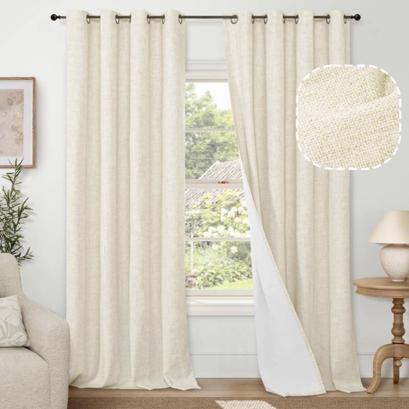 lot 59081 image: Lajode Cream 100% Blackout Curtains for Living Room 63 Inch Length 4 Panels Set, Thermal Insulated Light Blocking Faux Linen Curtains for Bedroom, Bronze Grommet Boho Window Drape Each 52 Wide - Retail $31