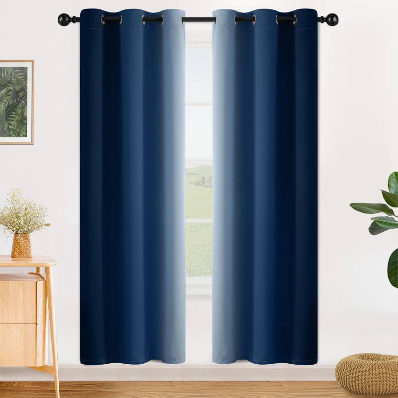 lot 59088 image: SimpleHome Ombre Room Darkening Curtains for Living Room, Light Blocking Dark Blue to Greyish White Thermal Insulated Grommet Window CurtainsDrapes for Bedroom, 2 Panels, 42x72 inches Length - Retail $35
