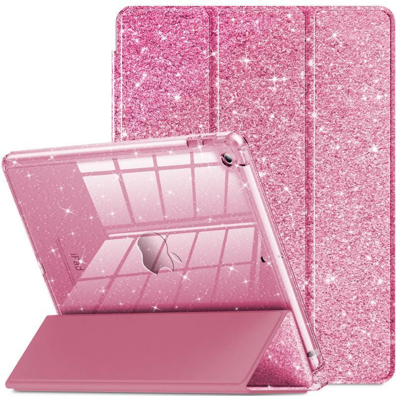 lot 30121 image: INFILAND for iPad 9th8th7th Generation Case 202120202019 10.2 inch, Glitter Slim Protective Cover with Clear Back, Pencil Holder for Kids Girls for iPad 789 Gen, Pink - Retail $10
