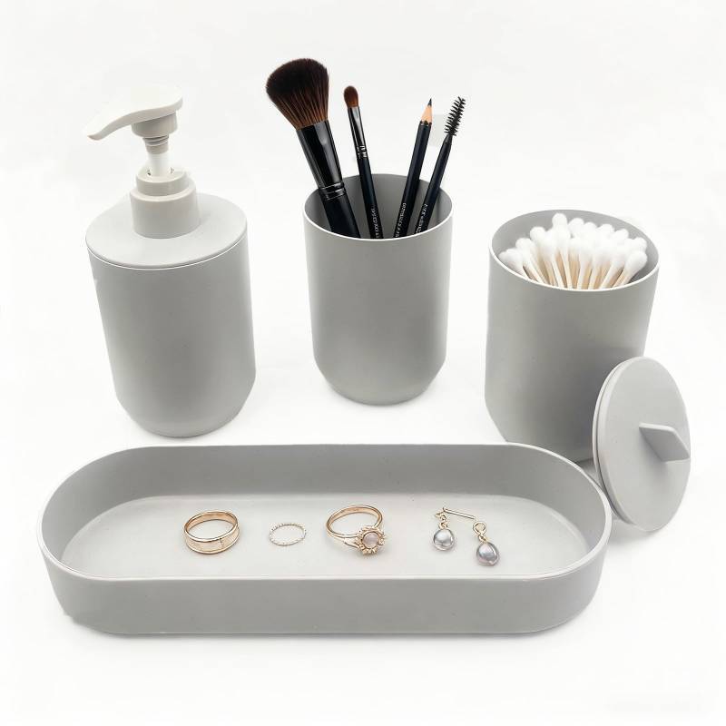 lot 30155 image: LGURT-4-piece Bathroom Accessories Set, with Toothbrush Holder, Lotion soap Dispenser, Qtip Holder Dispenser and Vanity Tray, Bathroom Counter top Vanity (Gray) - Retail $9