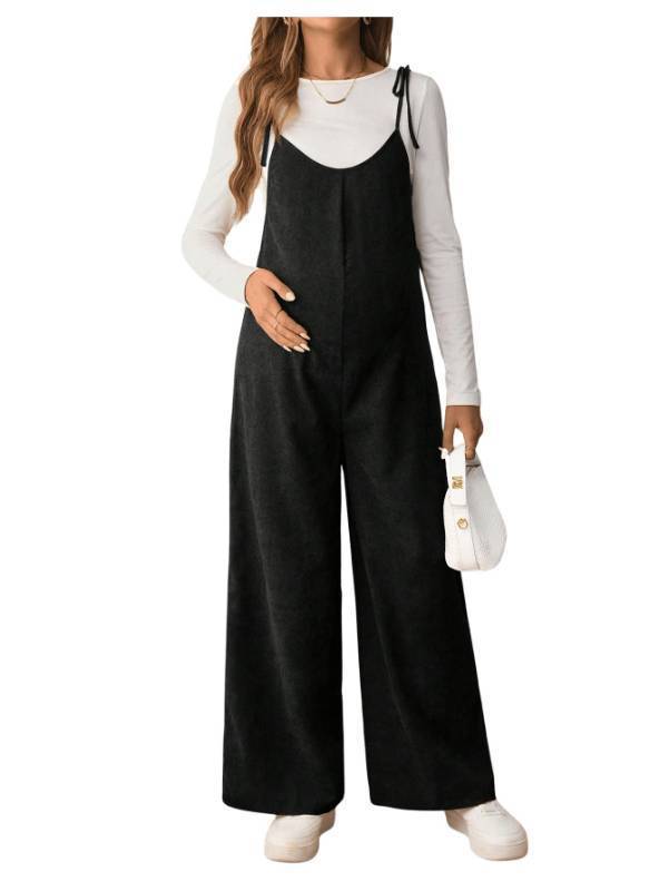 lot 40079 image: OYOANGLE Womens Maternity Wide Leg Overalls U Neck Spaghetti Strap Pregnancy Jumpsuits Black XX-Large - Retail $36