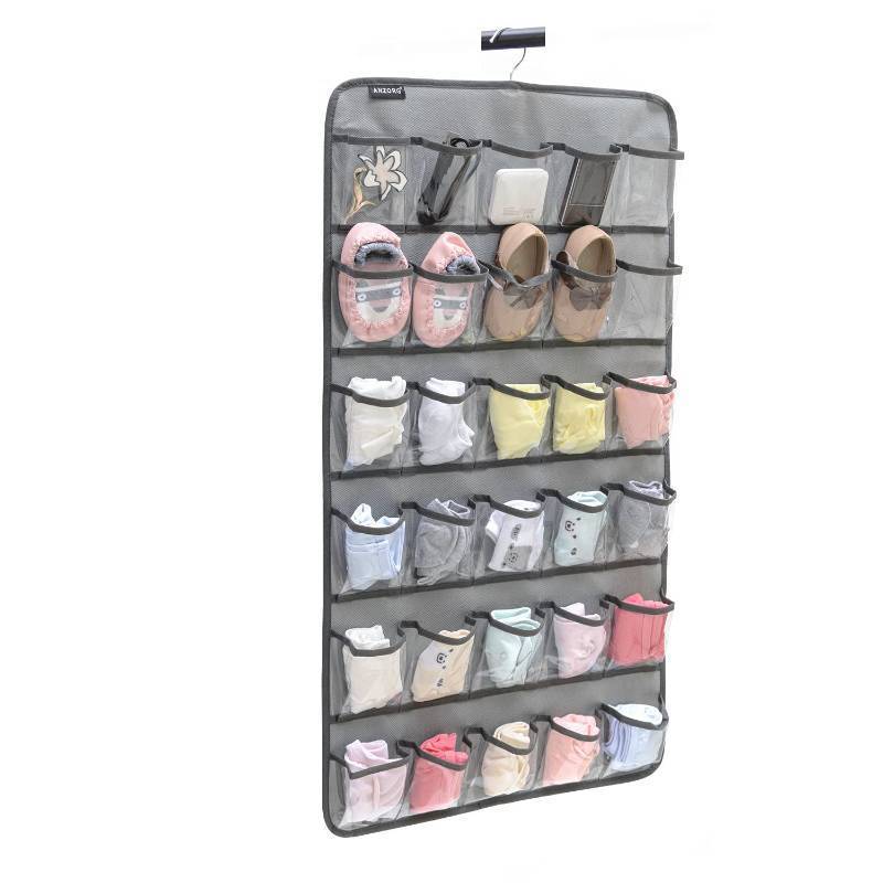 lot 40120 image: ANZORG Hanging Baby Shoes Organizer Baby Headband Holder Closet Organizer for Baby Bow Socks Underwear with 30 Clear Pockets (GREY) - Retail $13