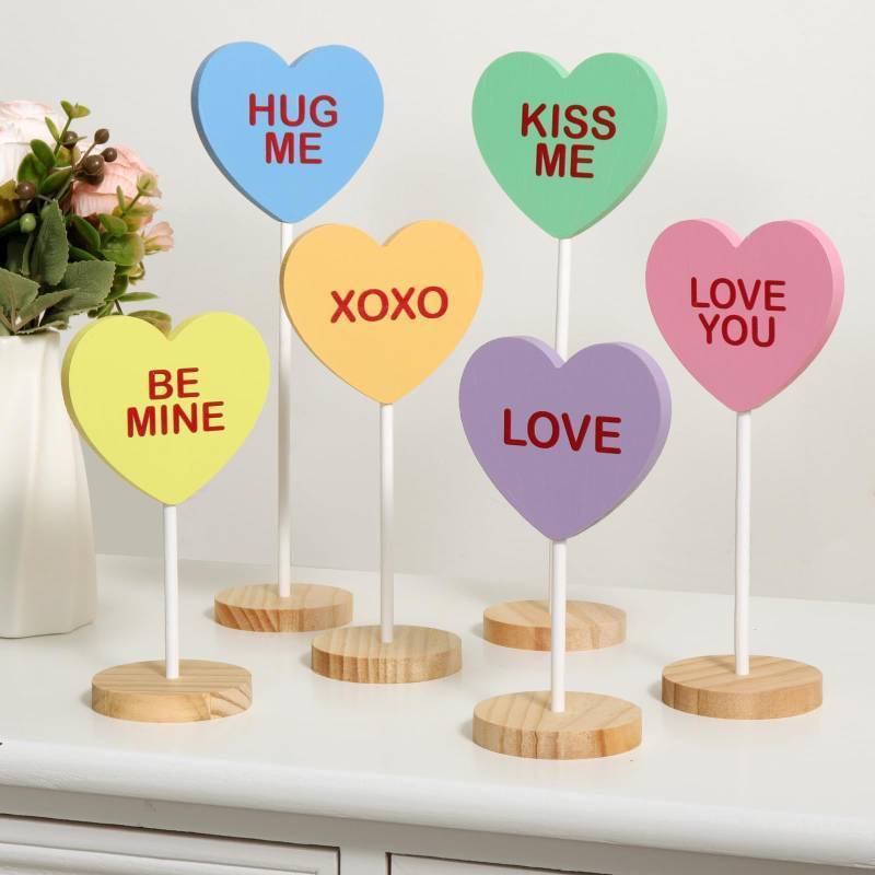 lot 40124 image: Treory Valentines Tiered Tray Decor 6pcs Standing Candy Heart Wooden Sign, Lovely Heart Shaped Tabletop Centerpiece Galentines Day Decor Wood Block Set, Valentines Day Decorations for the Home Gifts