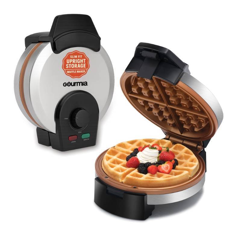 lot 48997 image: Gourmia Belgian Waffle Maker Compact Design with Upright Storage, Adjustable Browning, and Easy-Clean Nonstick Ceramic Plates, Stainless Steel - Retail $30