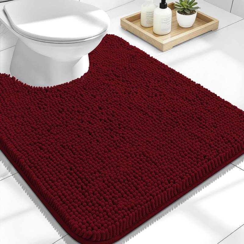 lot 49008 image: OLANLY Toilet Rugs U-Shaped 24x20, Extra Soft Absorbent Chenille Contour Bathroom Rugs for Toilet, Dry Quickly, Machine Washable, Non-Slip Bath Mat, Burgundy - Retail $37