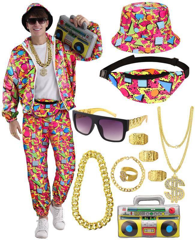 lot 49010 image: VillbeCoser 80s 90s Outfit for Men Tracksuit Costume, Hip Hop Hat Fanny Pack Ring Bracelet Gold Chain Rapper Sportswear - Retail $40