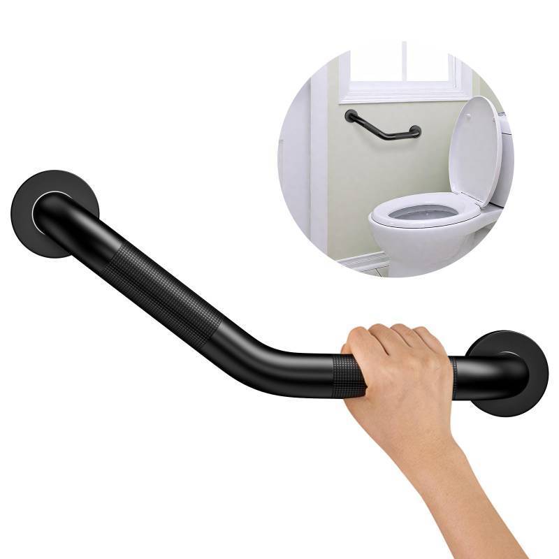 lot 49046 image: 16 Inch Angled Shower Grab Bar,Munzong Black Anti Slip Bathroom Grab Bar, Knurled Bathroom Balance Bar,Safety Hand Rail Support Handicap Elderly Injury Senior Assist Bath Handle - Retail $20