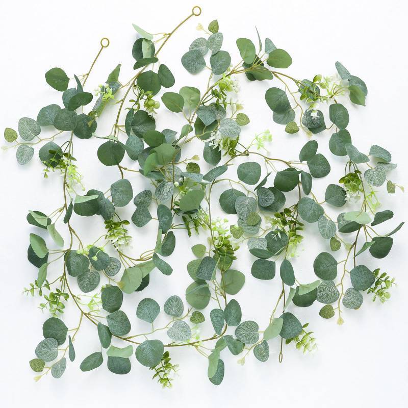 lot 59032 image: Mizii 2 Strands Artificial Vines Eucalyptus Garland 68 Fake Vine with Silk Leaves Green Garland Faux Hanging Plants Greenery Decoration for Bedroom Room Table Centerpieces Wedding Decor (Greenery) - Retail $15