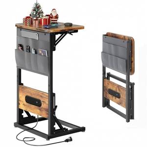 HLDIRECT C Shaped End Table with Charging Station, Couch Side Table with Storage Bag, Foldable TV Tray with 2 USB Ports and Outlets for Living Room, Bedroom, Rustic Brown - Retail: $40