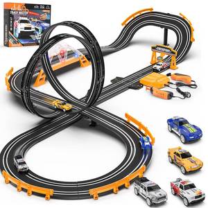 lot 26456 image: Slot Car Race Track Sets with 4 Slot Cars, Electric Race Car Track Include Slope Circular Overpass Track, Dual Racing Game Featuring Flash Bridge and Pendulum, Gifts Toys for Boys Kids Age 6 7 8-12 - Retail $50