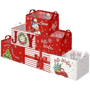 lot 26461 image: Maxcheck 6 Pcs Large Christmas Storage Basket Foldable Red Xmas Gift Basket Rectangle Merry Christmas Storage Boxes Bin Let It Snow Fabric Laundry Organizer with Handles for Cloth Toy - Retail $27