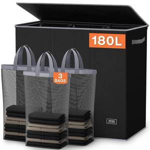 lot 26477 image: SOLEDI 180L Laundry Hamper 3 Section, Extra Large Laundry Hamper with Lid, Dirty Clothes Hamper with Sturdy Handle, Large Laundry Basket Organizer for Laundry Room, Bedroom, Hampers for Laundry - Retail $36
