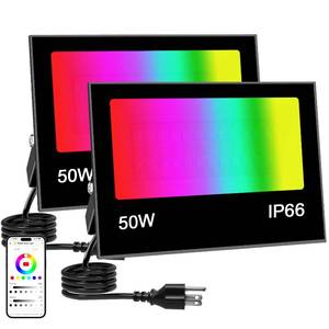 lot 26478 image: LED Flood Light Outdoor 50W RGB Color Changing, Smart Floodlights RGBW 2700K 5000LM Warm White & 16 Million Colors, 43 Modes Stage Lights, Grouping, Timing, IP66 Waterproof (2 Pack) - Retail $43