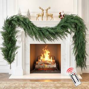 lot 26482 image: Christmas Cedar Garland Realistic with Lights - Cypress Decorations 9ft for Mantle Lighted Faux Pine Garlands for Xmas Prelit 9ft Door Decor Outdoor Indoor Home Decoration Stairs Railing Fireplace - Retail $35
