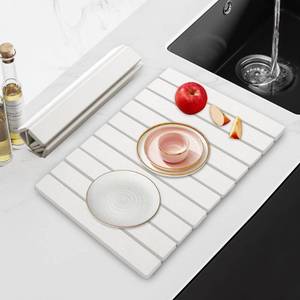 lot 26483 image: Large Stone Dish Drying Mat for Kitchen Counter, 24 x 16Fast Dry Stone Mat, Super Absorbent Dish Drying Mat, Drying Board Diatomaceous for Kitchen, Utensils, Fruits, Instant Drying Stone Mat, White - Retail $18