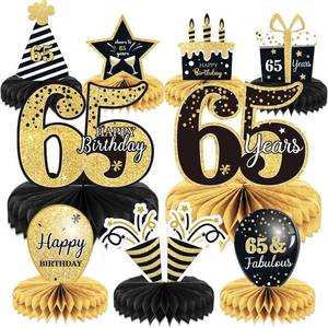 lot 32679 image: 9 Pieces 65th Birthday decorations 65th birthday centerpieces for Tables Decorations Cheers to 65 Years Honeycomb Table Topper Happy 65th Birthday Decorations for Men and Woman Sixty-five Years Birthday Party - Retail $10