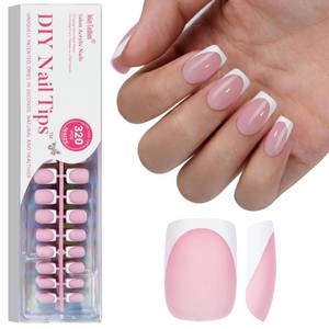 lot 32684 image: French Gel Nail Tips - Jofay Fashion Short French Tip Press on Nails, 10-Piece Set 320Pcs Pink Square Nail Tips, Pre-applied Tip Primer & Base Coat, No Need to File Fake Nails for Nail Art, 16 Sizes - Retail $14