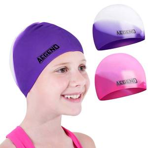 lot 32687 image: Aegend 2 Pack Kids Swim Cap for Girls Boys Age 3-8, Waterproof Swim Cap Durable Silicone Kids Swimming Cap for Long Hair, Purple & Pink - Retail $10