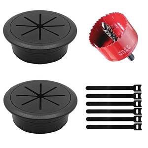 lot 32688 image: 2 Pack Desk Grommet 2 Inch (50 mm), Desk Hole Cover for Cables, Black Desk Cord Hole Cover for Office Home Table, Cable Grommet with 1 Hole Saw Drill Attachment  - Retail $7
