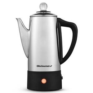 lot 40344 image: Elite Gourmet EC140 Electric 6-Cup Coffee Percolator with Keep Warm, Clear Brew Progress Knob Cool-Touch Handle Cord-less Serve, Stainless Steel - Retail $48