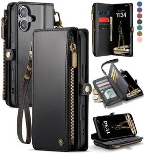 lot 40351 image: Defencase Compatible with iPhone 17 Case Wallet with RFID Blocking Card Holder for Women and Men, Fashion PU Leather Magnetic Snap Flip Zipper Strap Wallet Phone Case for iPhone 17 6.3, Black - Retail $27