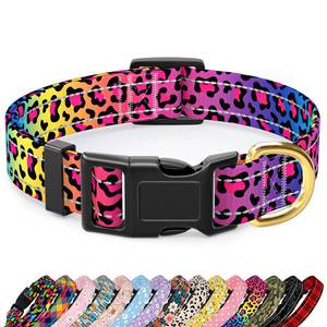 lot 40373 image: TMOODEL Reflective Dog Collar for Medium Dogs, Cute Leopard Style Adjustable Heavy-Duty Nylon Puppy Collar for Boy and Girl Female, Soft Pet Accessories with Quick Release Buckle, Neon - Retail $9