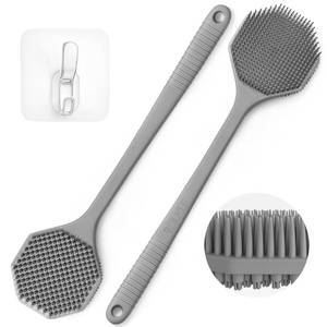 lot 40376 image: SILKLE Silicone Back Scrubber with Long Handle - Octagon Body Brush for Shower, Bath, and Exfoliating - Skin Cleansing, Back Scrub and Gentle Silicone Sponge - Wash Your Body with Easy Reach - Silver