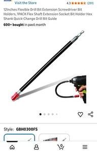 lot 40385 image: Geinxurn 12Inches Flexible Drill Bit Extension Screwdriver Bit Holders, 1PACK Flex Shaft Extension Socket Bit Holder Hex Shank Quick-Change Drill Bit Guide - Retail $10