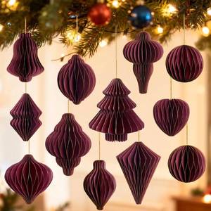 lot 40392 image: Dark Red Paper Christmas Party Decorations, 3D Honeycomb Paper Hanging Ornaments with Glitter, Vintage Finial Honeycomb Lantern Burgundy Ornaments for Christmas Trees Winter Wonderland Party - Retail $7