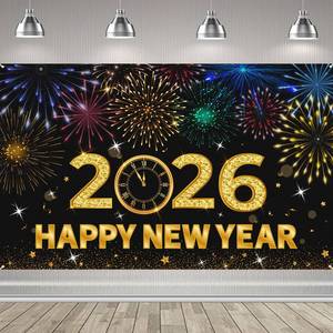 lot 40401 image: 2026 Happy New Year Banner, 72x44 Inches - Golden Fabric New Year Backdrop for New Years Eve Celebration - Retail $7