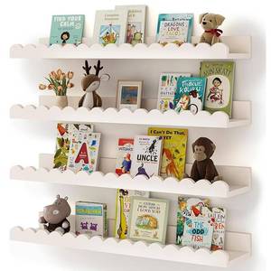 lot 49311 image: Gugxiom 4Pcs Kids Bookshelf, Picture Shelf, White Floating Nursery Book Shelves, Scalloped Shelves, for Books Toys Photo Frames Nursery Decor (4) - Retail $28