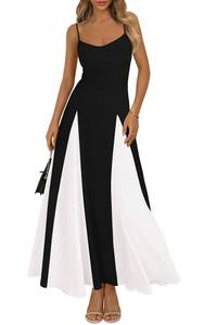 lot 49327 image: PRETTYGARDEN Womens 2026 Summer Spaghetti Strap Maxi Dress Stretch Bodycon Dress Color Block Fit and Flare Long Dresses (Black White, Medium) - Retail $30
