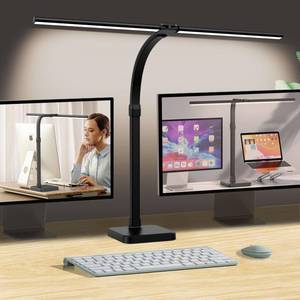 lot 49333 image: AKRRYR LED Desk Lamp for Home Office, Double Head 24W with Base, Architect Light 5 Lighting Brightness Flexible Gooseneck Table Reading Study, Black - Retail $35