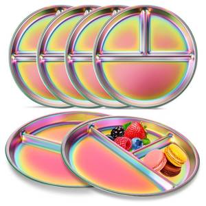 lot 49334 image: Bakpoco 9 Stainless Steel Toddler Plates Set of 6, Divided Plate for Kids & Baby, Non Toxic Unbreakable Dishes Dinnerware Adults Portion Control Snack Container, Colorful Meal Time Chums - Retail $34
