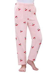 lot 49340 image: Womens Pajamas Bottoms, Fleece Plush Pajama Pants Soft Fuzzy Family Matching Sleep Pants, Baby Pink Cherry, Medium - Retail $15