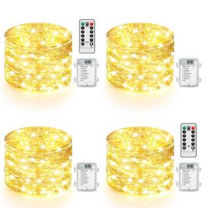 lot 49341 image: 4 Pack 100 LED Fairy Lights Battery Operated with Timer & Remote, 33FT Waterproof Twinkle Lights Indoor Outdoor, Fairy String lights for Bedroom Classroom DIY Wedding Christmas Decorations, Warm White - Retail $22