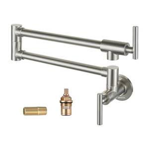 lot 49354 image: WOWOW Pot Filler Faucet Brushed Nickel, Brass Pot Filler Wall Mount Kitchen Stove Faucet with Double Joint Swing Arms - Retail $86