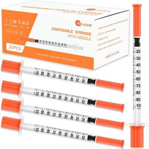 lot 49360 image: Himeland 1mlcc Disposable Syringe with 30G 516 (8mm) Needle  30 Pack Individually Wrapped  U-100 Lab Supplies - Retail $10