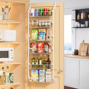 lot 49361 image: Delamu Over the Door Pantry Organizer, 6-Tier Pantry Organizers and Storage, Metal Cabinet Door Organizer, Hanging Spice Rack Shelves for Home & Kitchen, D5 x W18 x H50 inch, White - Retail $37
