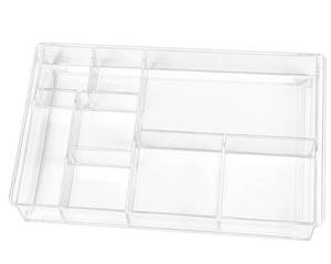 lot 49367 image: ZEXALOR 8-Section Clear Drawer Organizer, Large Acrylic Drawer Divider Tray for Desk,Bathroom,Office Makeup,Junk, Plastic Drawers Organizer 13.7 x 8.7 x 2 (8-Section) - Retail $15