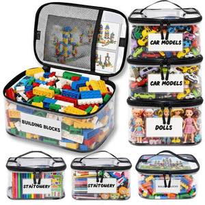 lot 49369 image: Extra Large Clear Toy Storage Bags with Tag & Pocket Versatile Waterproof Organizer Bags for Lego Bricks, Board Games, Building Blocks, Puzzles, Dolls, Books (Black-XL-Size-6 Pack) 6 pack - Retail $36