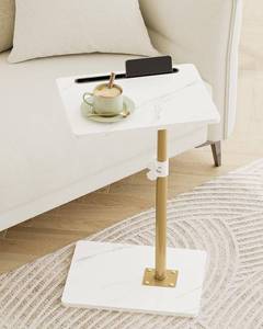 lot 49370 image: Masupu Sofa Arm Tray Table - 360° Swivel Height Adjustable End Table, Small Snack Side Table for Couch, C Shaped Table for Bed, Chair or TV Tray Table(Marble White and Gold) - Retail $38