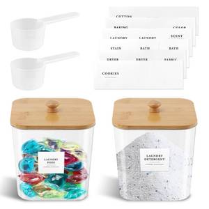 lot 49371 image: Laundry Pods Container, Laundry Room Organization and Storage Containers, Clear Organizer Jars with Lids, Labels and Measuring Scoops for Scent Beads, Dryer Balls, Lint 2 pack