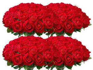 lot 49399 image: Wondrus Bulk Artificial Flowers 100 PCS, Fake Velvet Silk Red Roses with Long Stems Realistic Bouquet for Wedding Centerpieces, Faux Arrangement for Home Table Decor - Retail $60