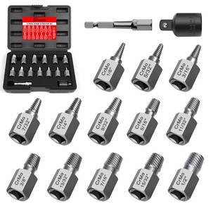 lot 51108 image: 15 Pieces Screw Extractor Set, Easy Out Bolt Extractor Kit, 38 Inch Drive Hex Head Multi-Spline Bolt Remover Kit Tool for Removing Stripped, Broken Rusted Bolts Screws - Retail $26